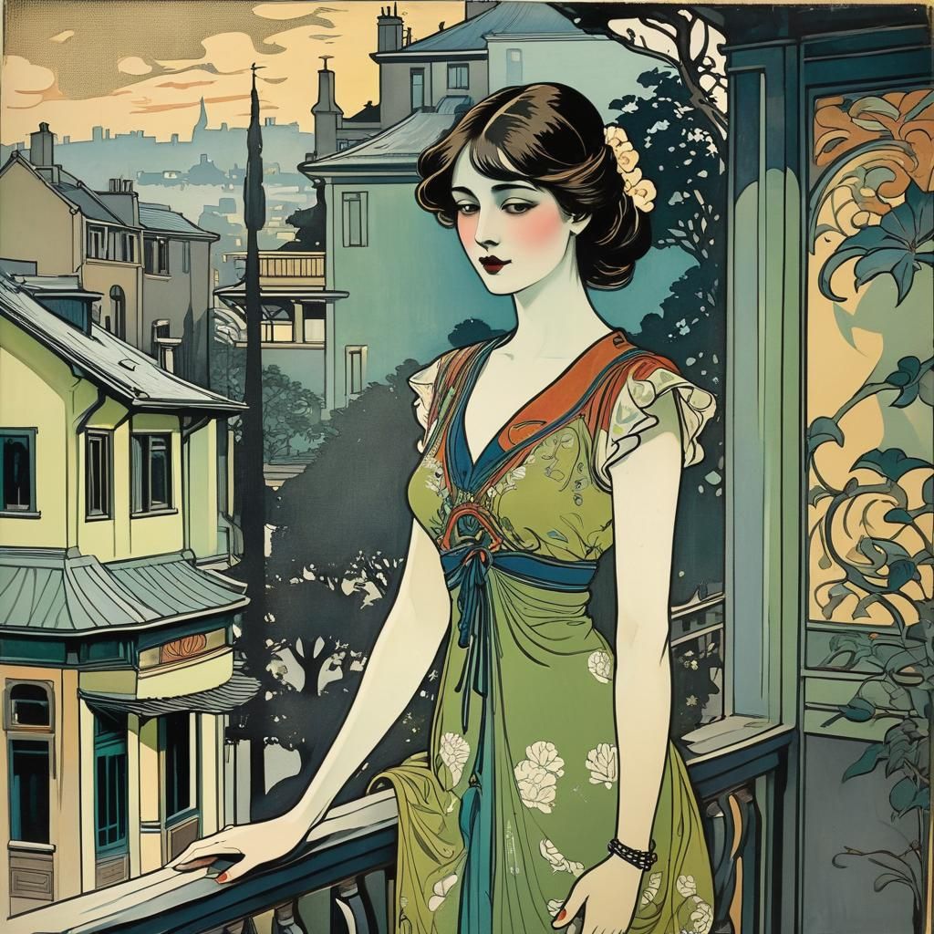 Art Nouveau Girl on Terrace Woodblock Print