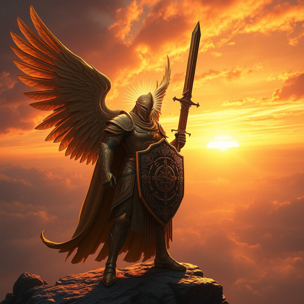 Golden Armored Soldier Archangel at Sunset