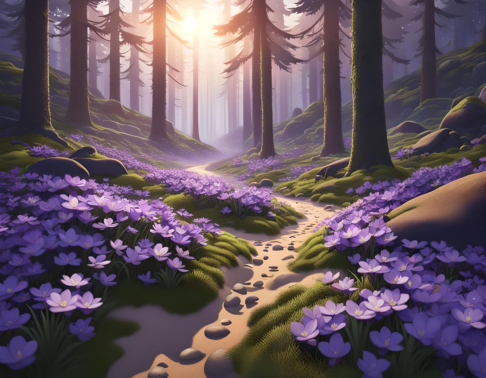 Purple Hepaticas in Spruce Forest: 3D Anime Art
