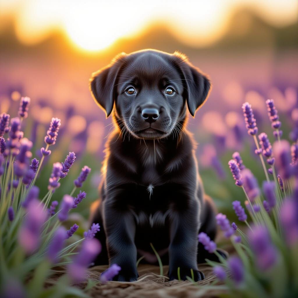 Cute Black Labrador in Lavender Field at Golden Hour