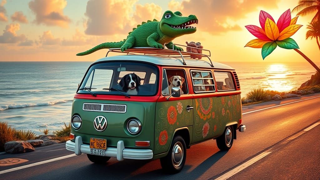 Psychedelic VW Van with Animal Passengers