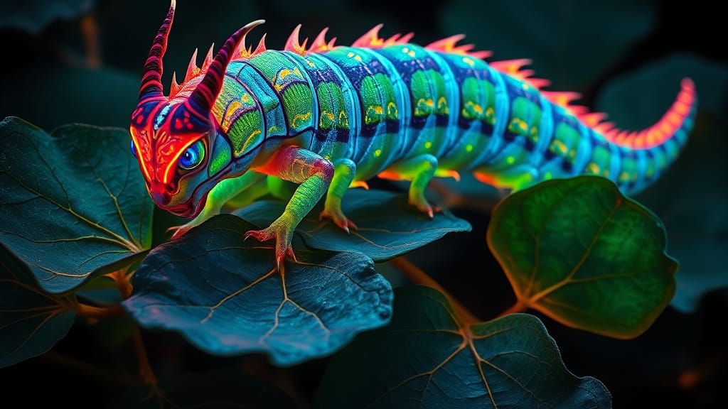 Bioluminescent Dragon Caterpillar Crawling on Emerald Leaves