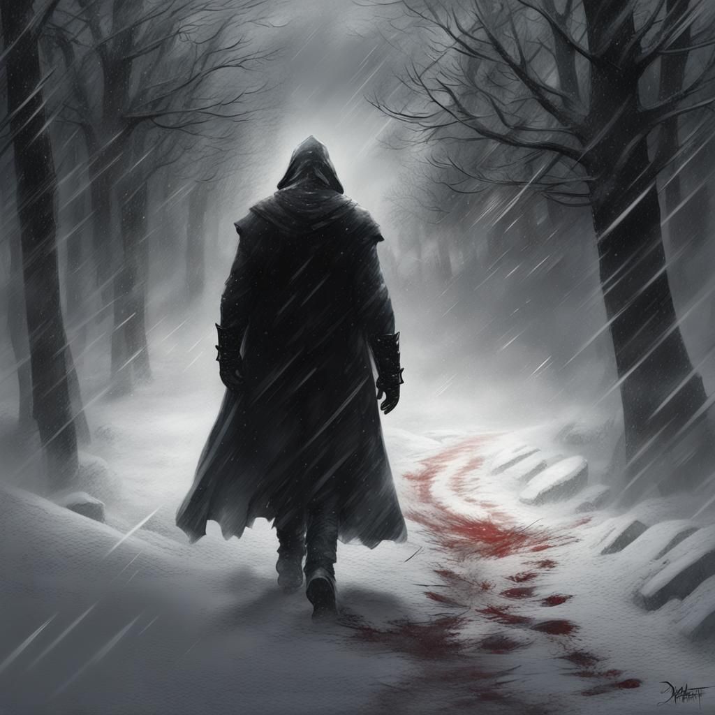 Mysterious Cloaked Figure in Blizzard