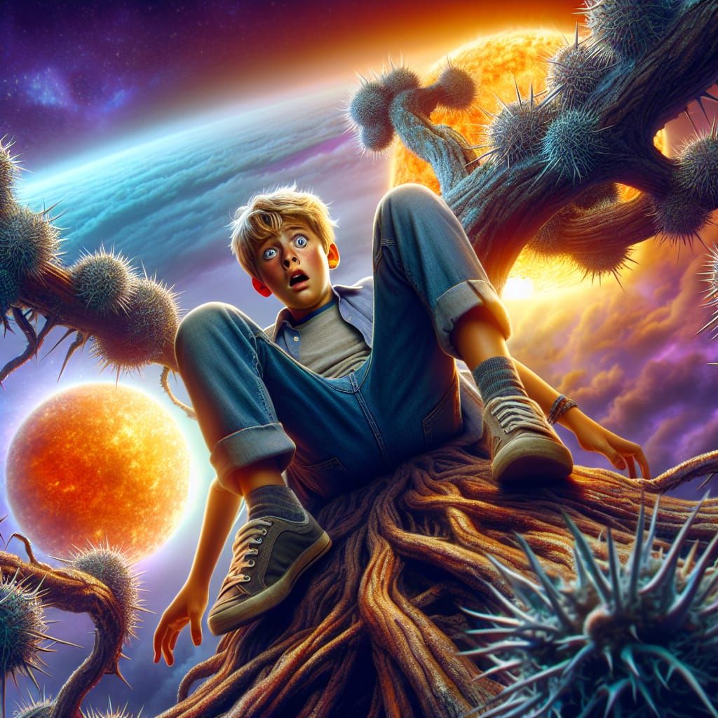 Caucasian Boy Trapped in Gnarly, Thorny Tree on Alien Planet