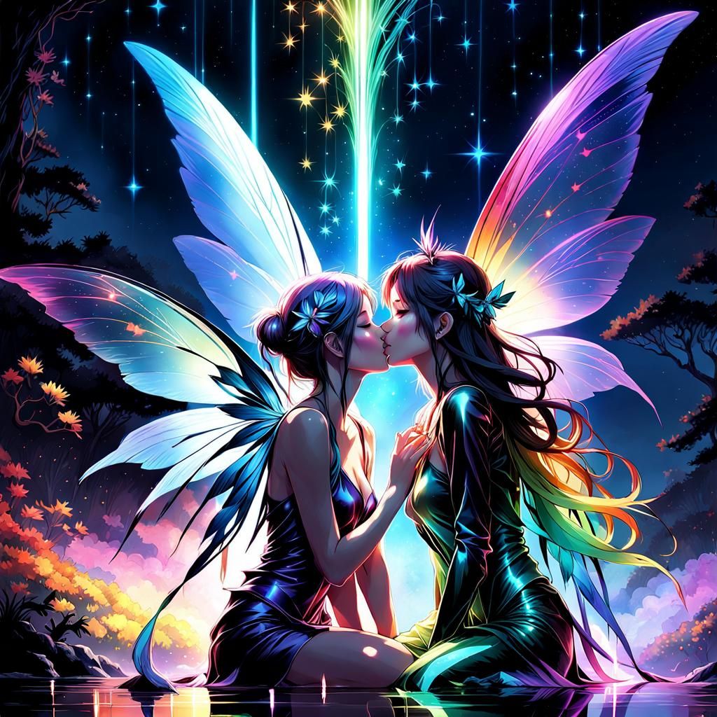 Lesbian Fairies Kissing Under Rainbow Constellations