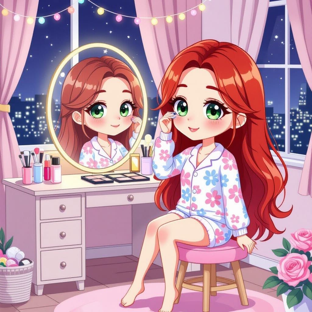 Chibi Japanese Woman Removing Makeup in Shibuya Bedroom