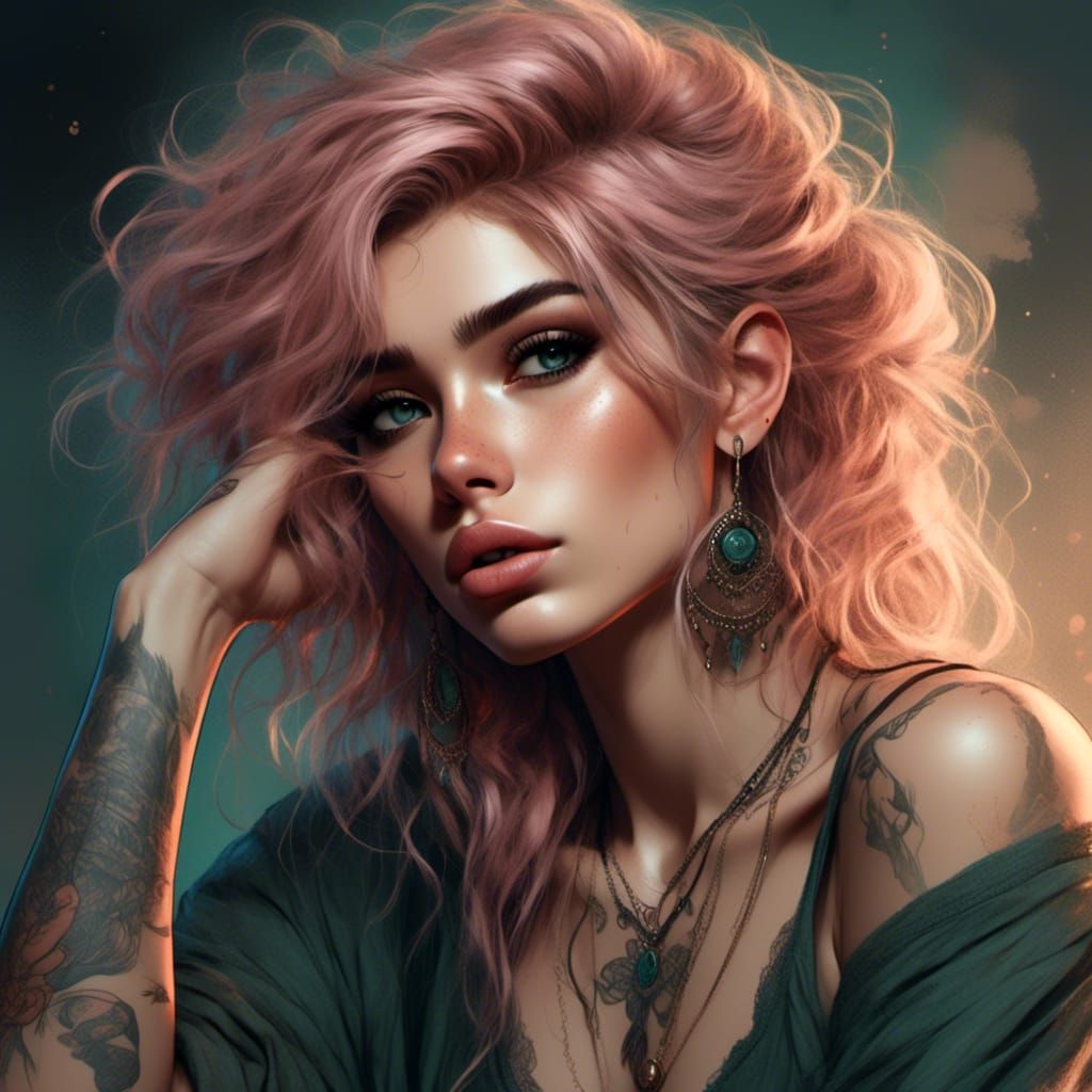 Rose-Gold Hair Gypsy: Dark Fantasy Anime Portrait