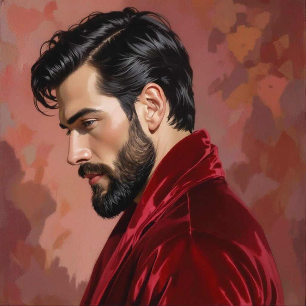 Proud Man in Red Velvet Robe, Neo-Impressionist Oil Painting