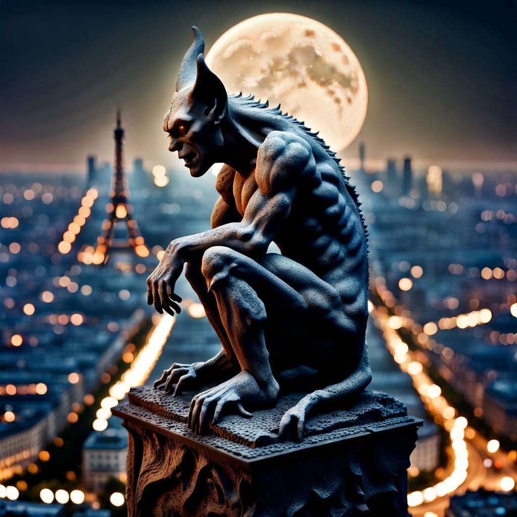 Ethereal Gargoyle Sculpture Over Paris in Mechanical Realism