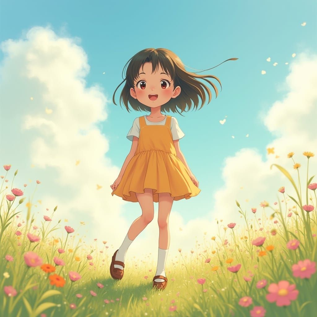 Girl in Wildflowers, Dreamy Watercolor Style