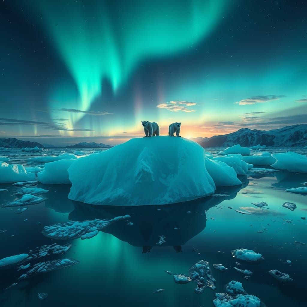 Turquoise Aurora Borealis Over Frozen Landscape