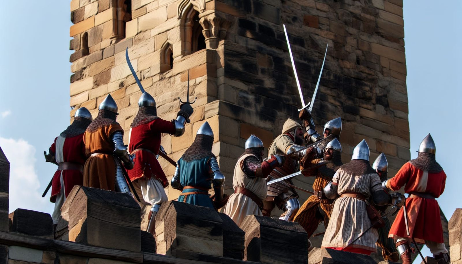 Fight on the  battlements of a medieval castle.
