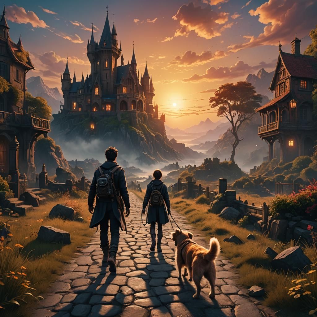 Sunset Walk with Dog: Fantasy Concept Art