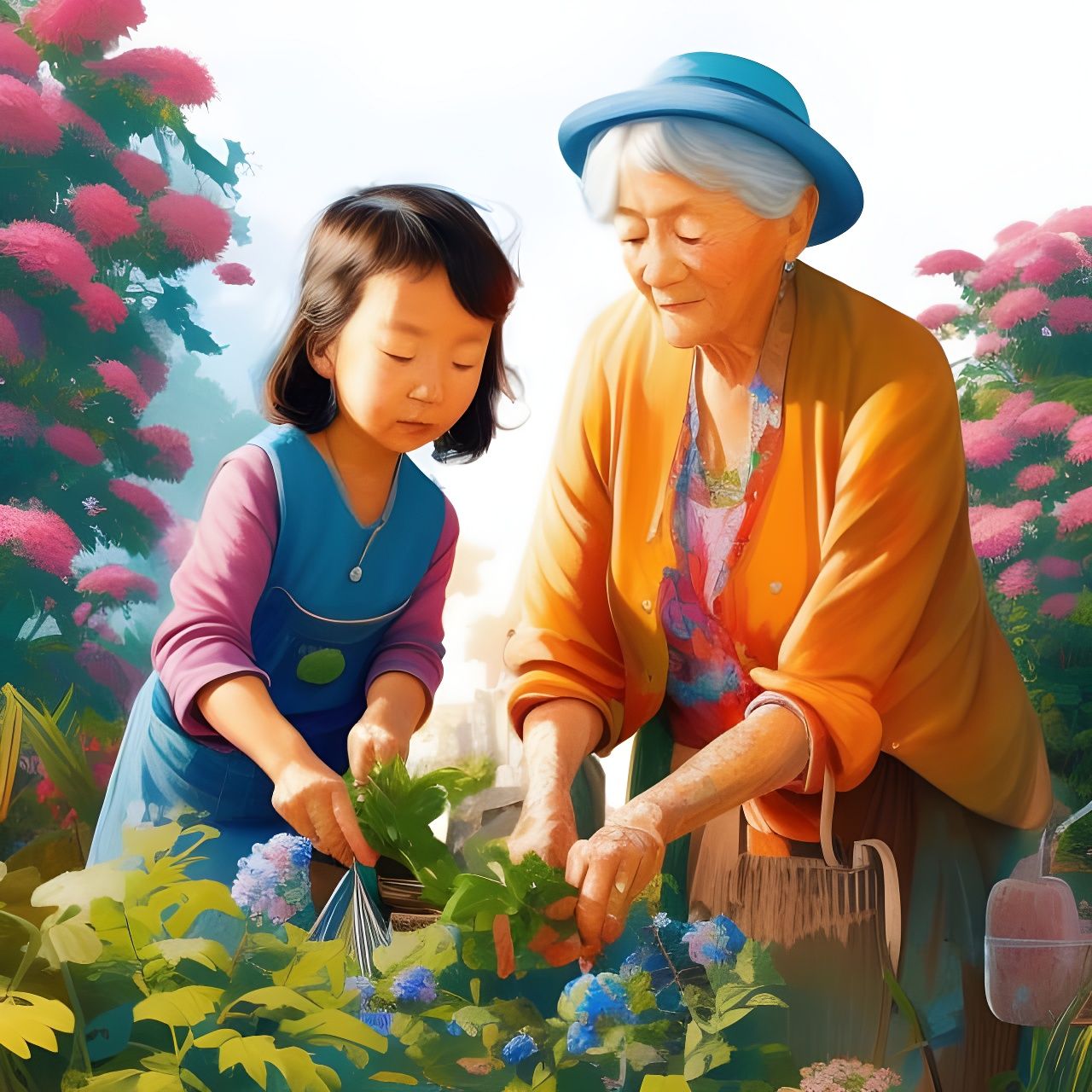 Gardening Granddaughter: A Pixar-Style Digital Painting