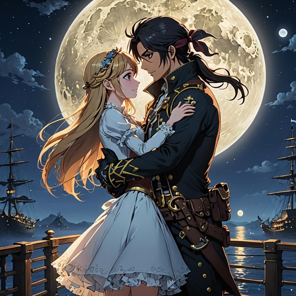 Space Pirate and Princess Embrace Under Moon