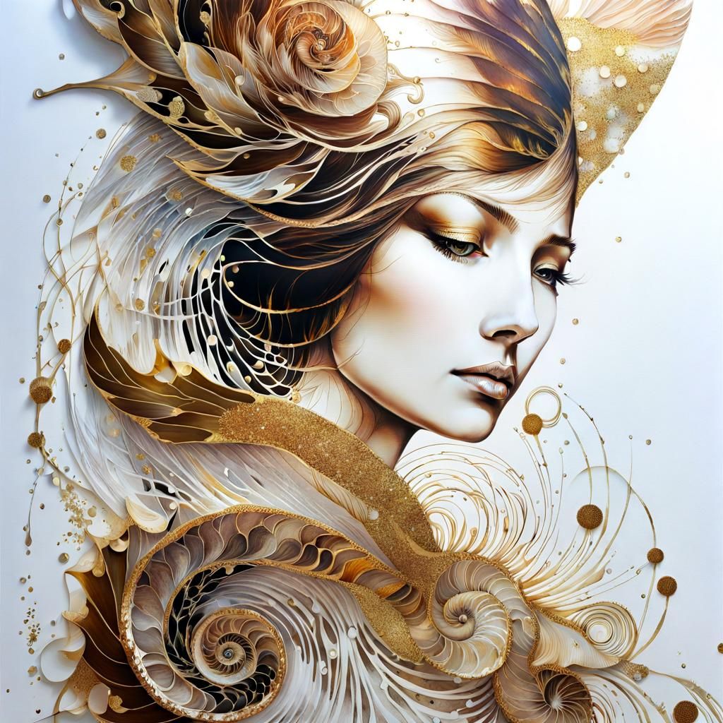 Hyperdetailed Gold Nautilus Shell in Alcohol Ink Style