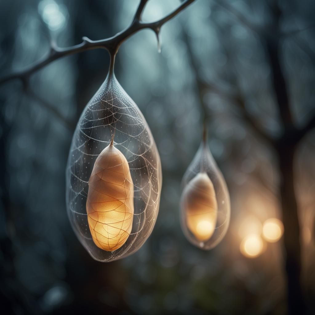 Glowing Cocoons in Misty Air: Hyper-Realistic Fantasy Art