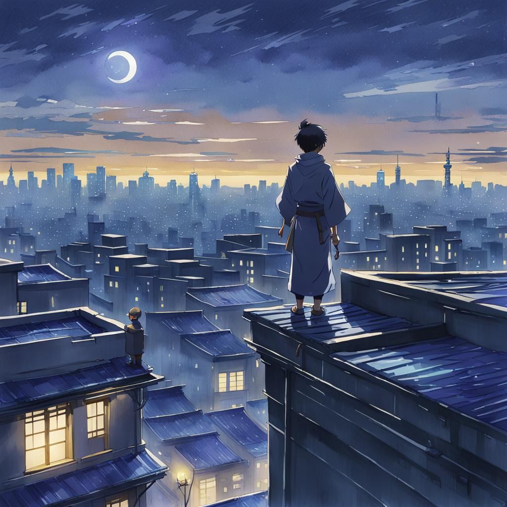 Ninja on Paris Rooftop in Anime Style