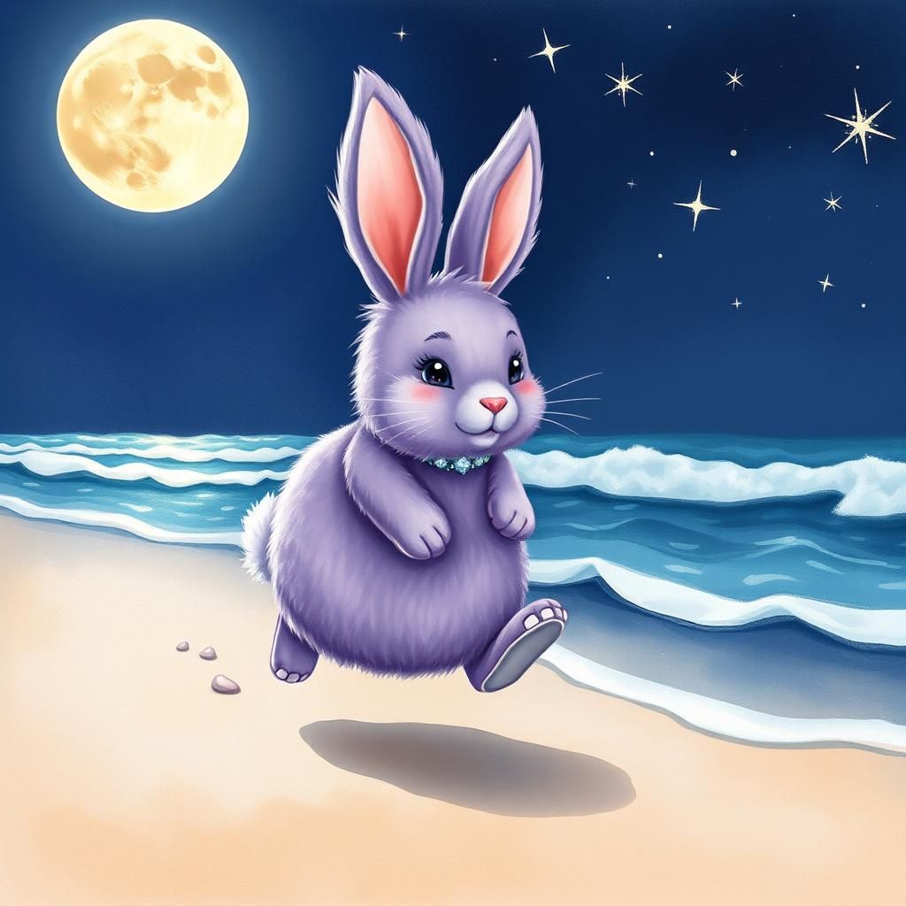 Whimsical Purple Bunny Hopping on Moonlit Beach