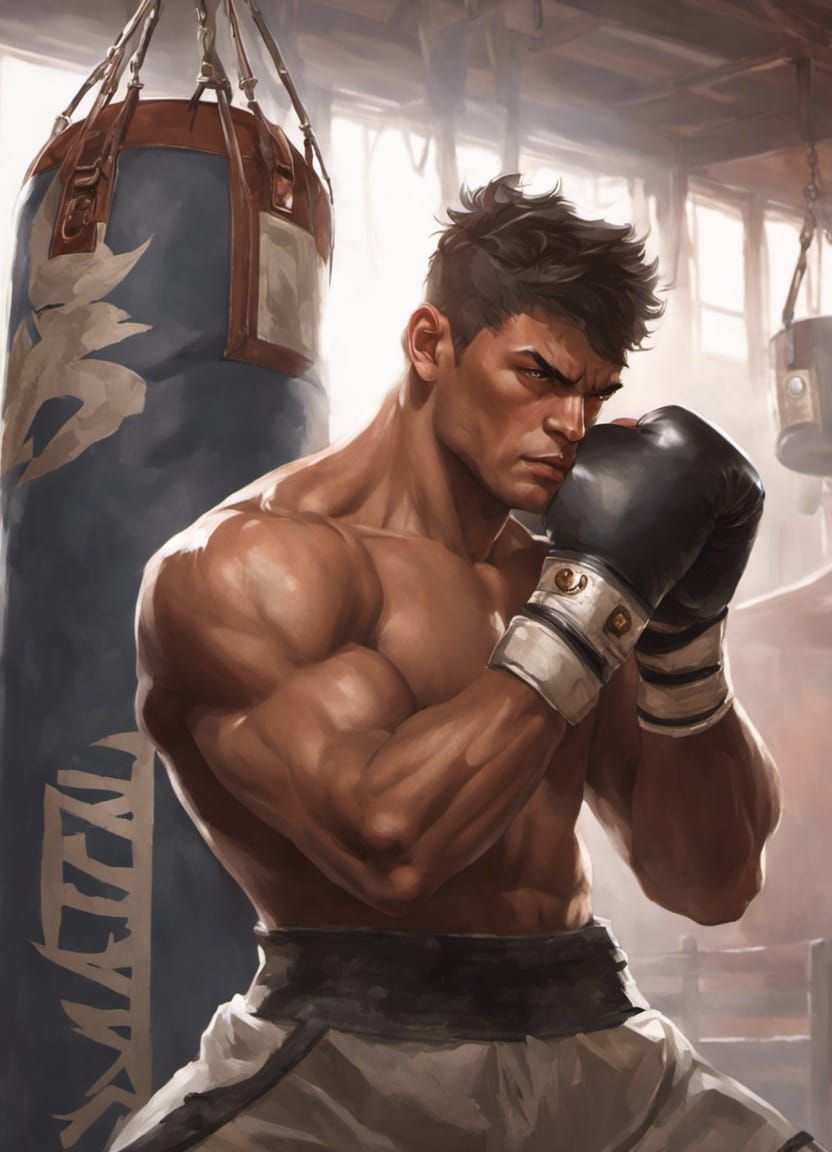 Muscular Boxer Punches Bag: Hyperdetailed Digital Portrait