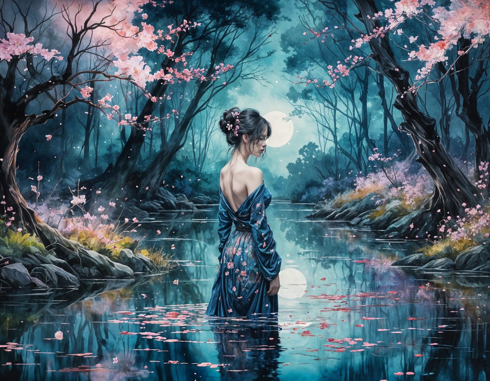 Dreamy Lake Glade at Night in Watercolor Style