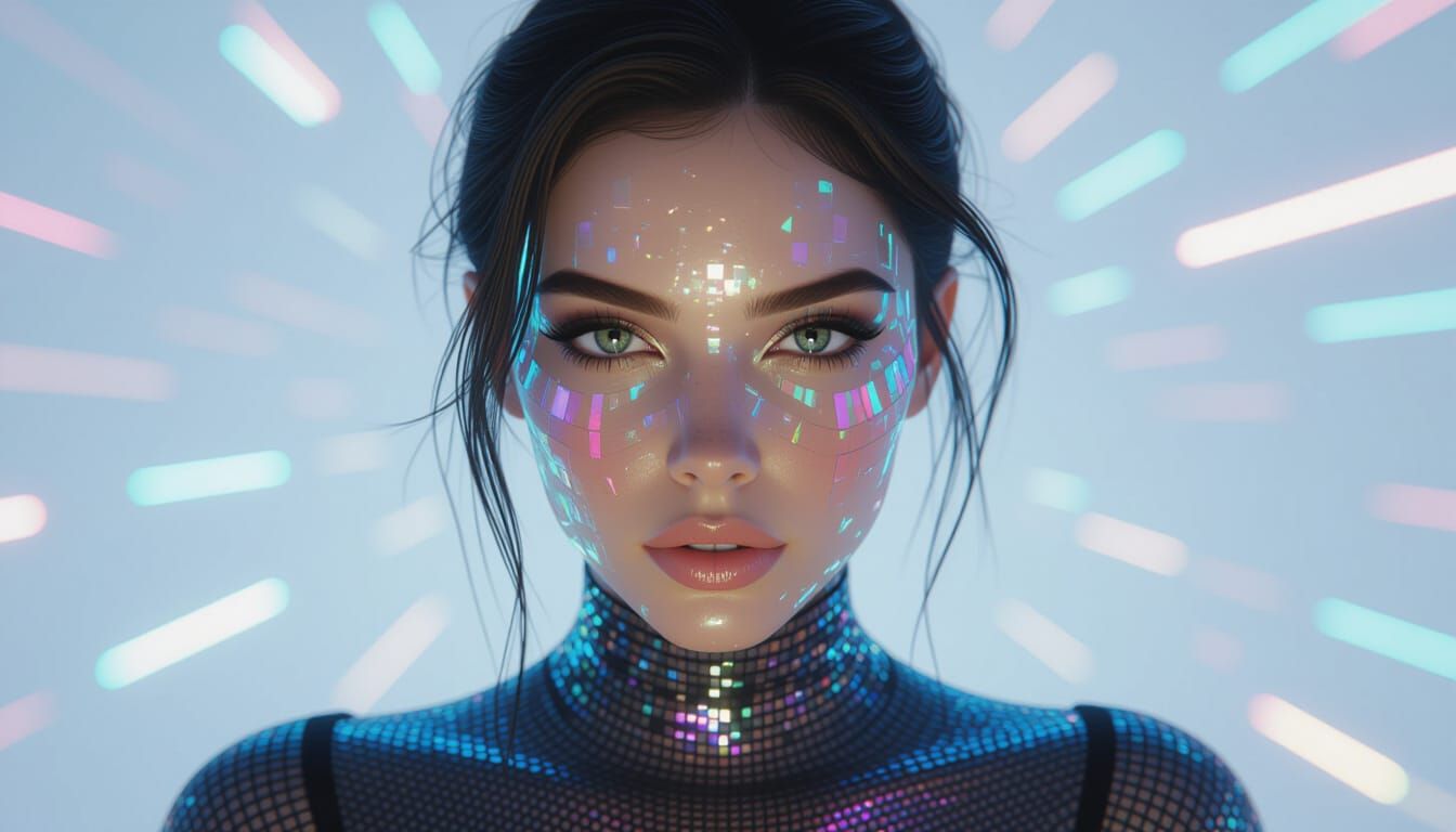 Holographic Nyla Portrait with Neon Reflections