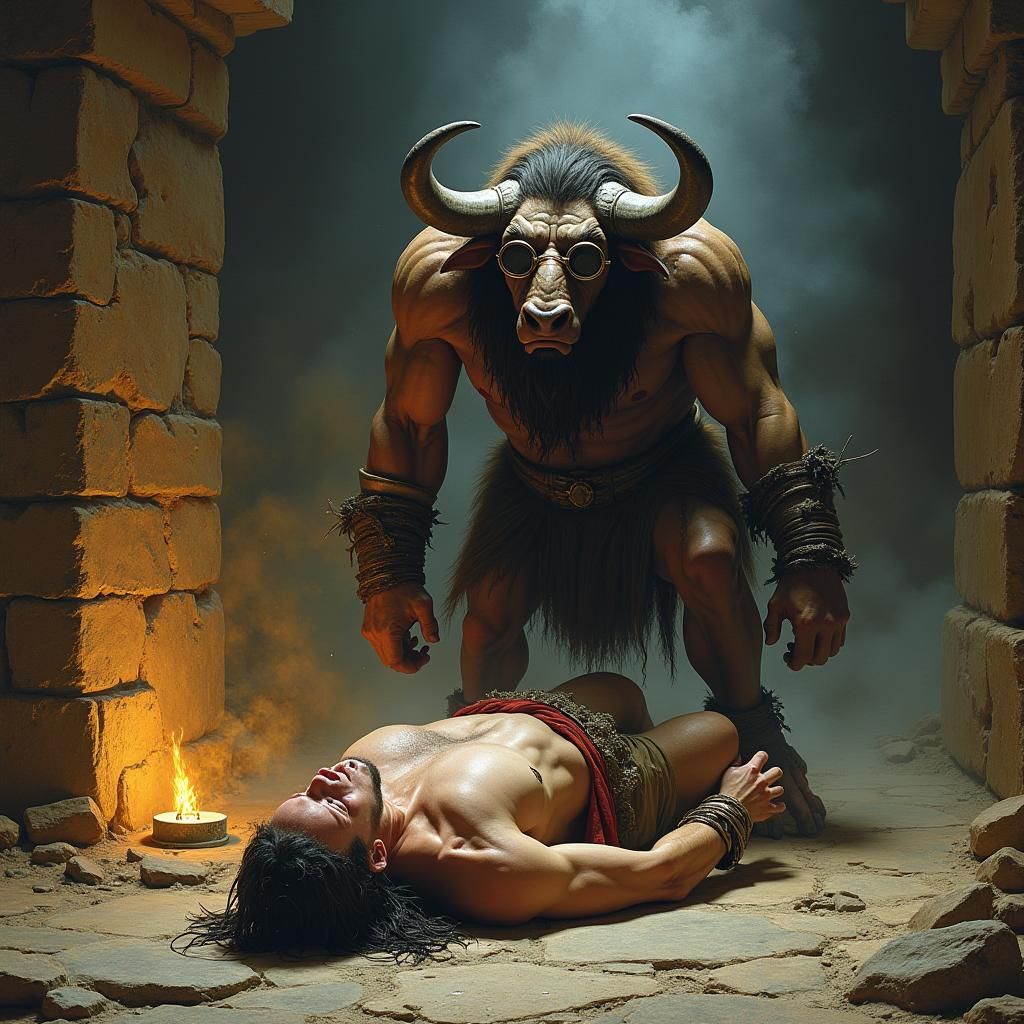 Minotaur's Triumph Over Perseus: A Dark Fantasy Scene
