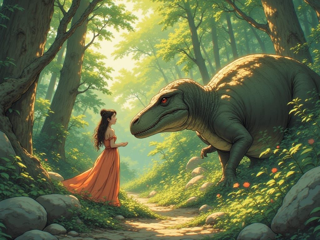 Princess and Dinosaur in Overgrown Ruins