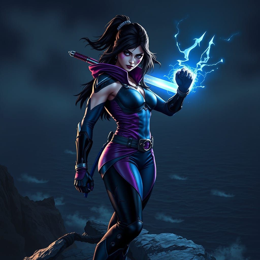 Psylocke Unleashes Ethereal Power on Oceanic Cliff