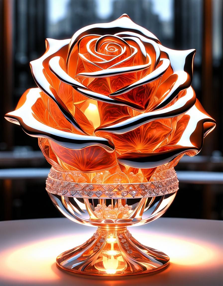 Orange Crystal Rose in Jeweled Vase, Sci-Fi Art
