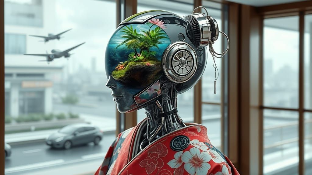 Cyberpunk Robot Geisha with Island Head, City View