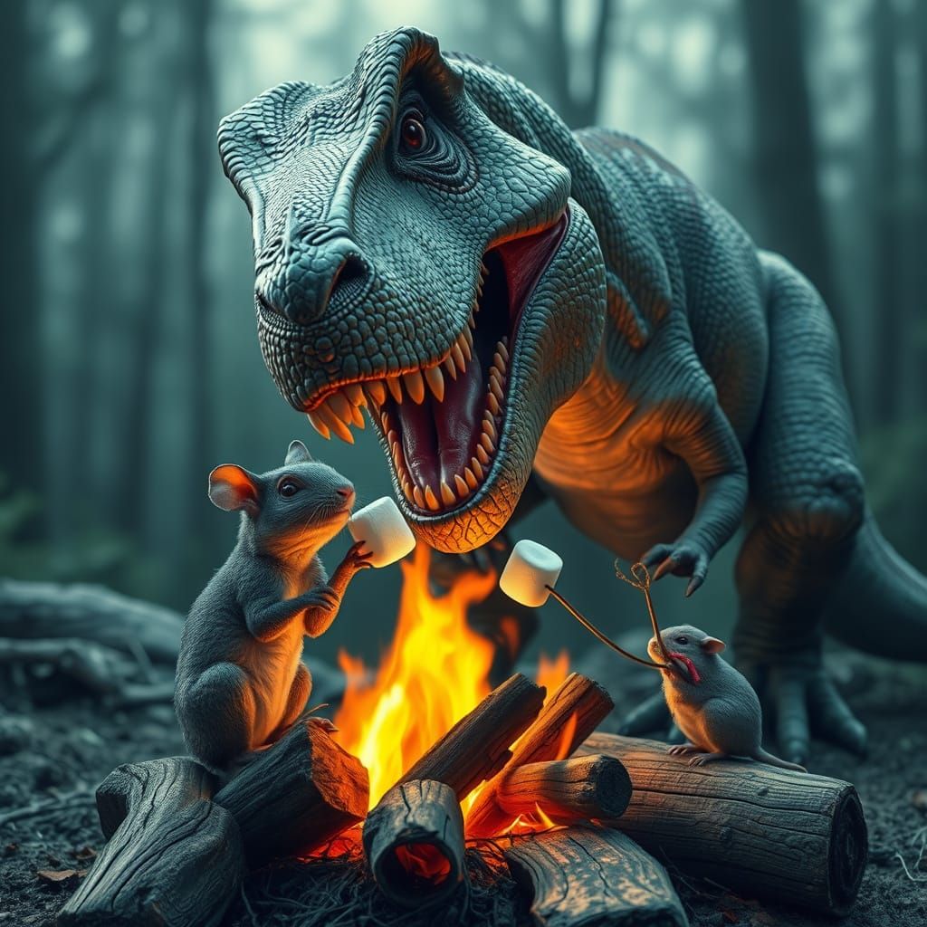 T-Rex and Mouse Toast Marshmallows Over Campfire