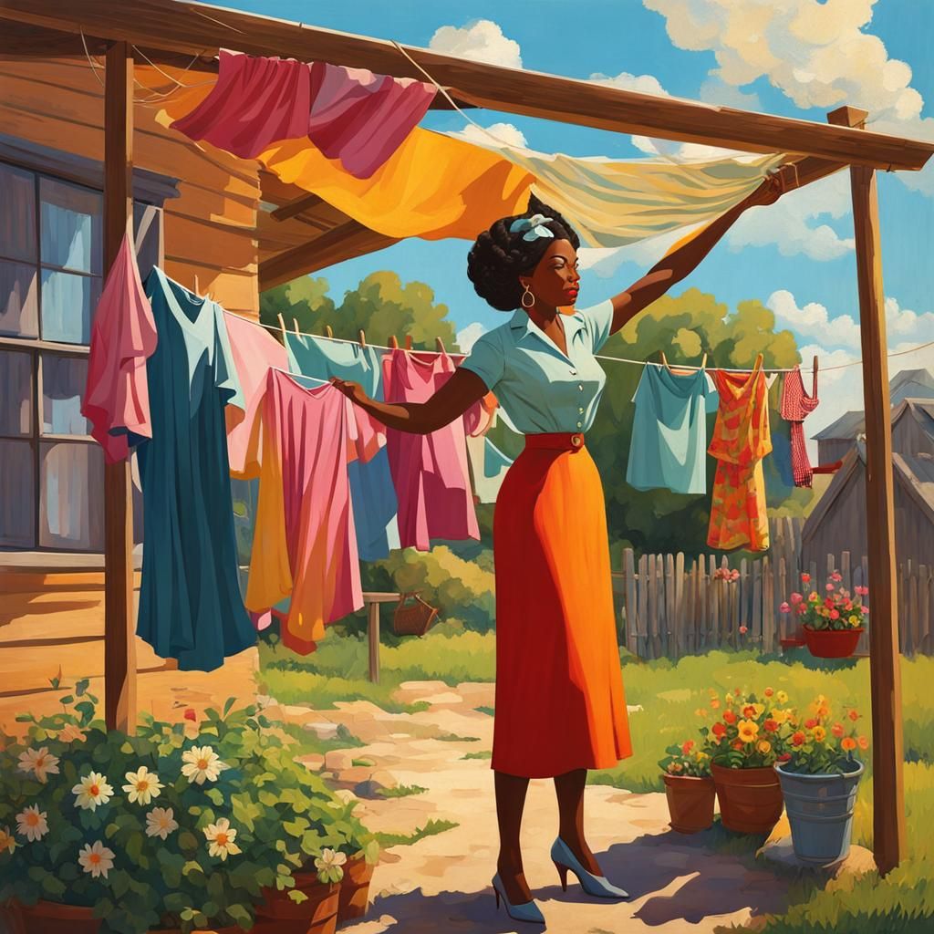Black Woman Hanging Clothes on Breezy Sunny Day