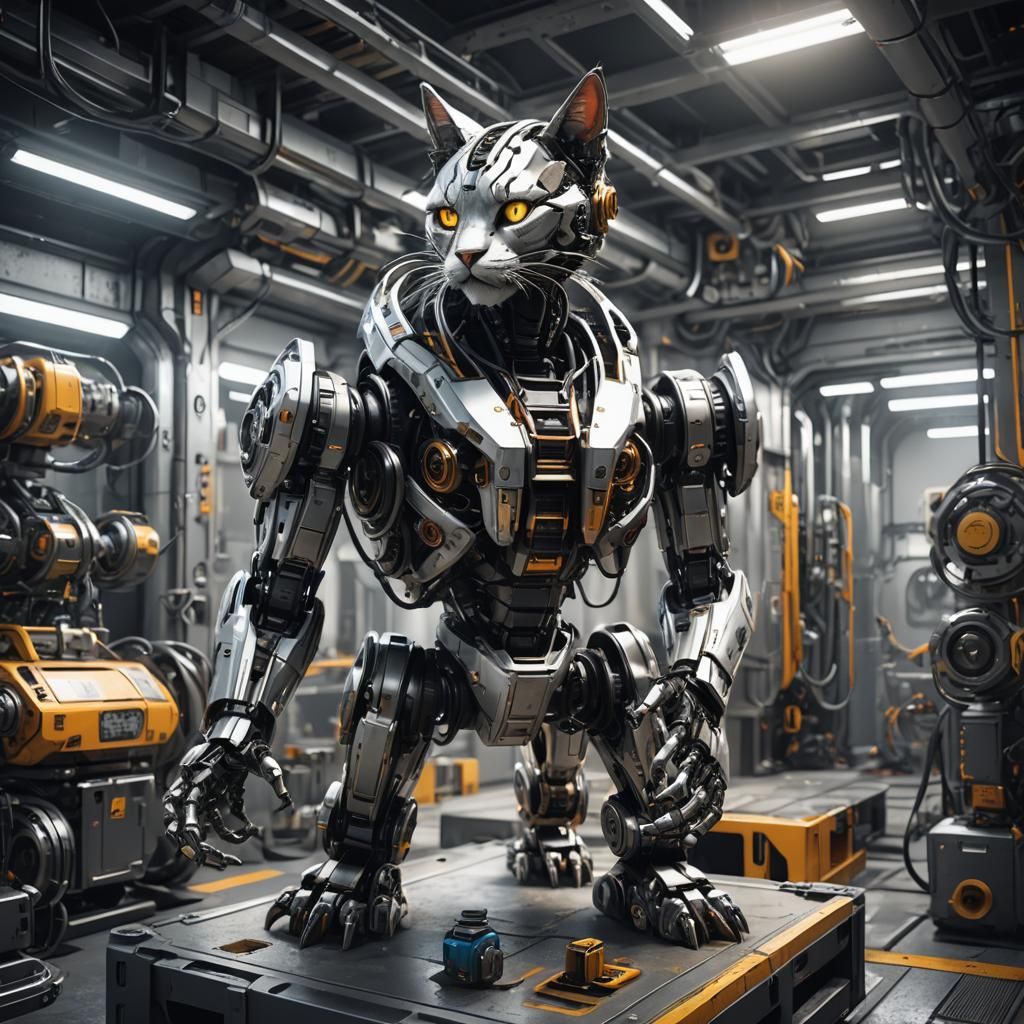 Futuristic Robot Cat in Maintenance Bay, Sci-Fi Art