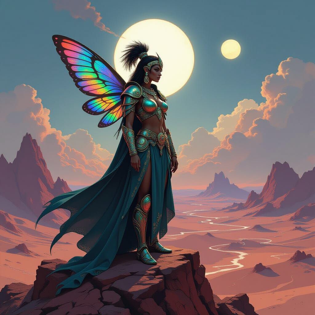 Warrior Queen on Mountain Peak in Alien Desert