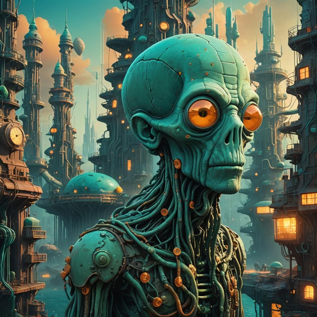 Squidward as Detailed Matte Painting in Underwater City