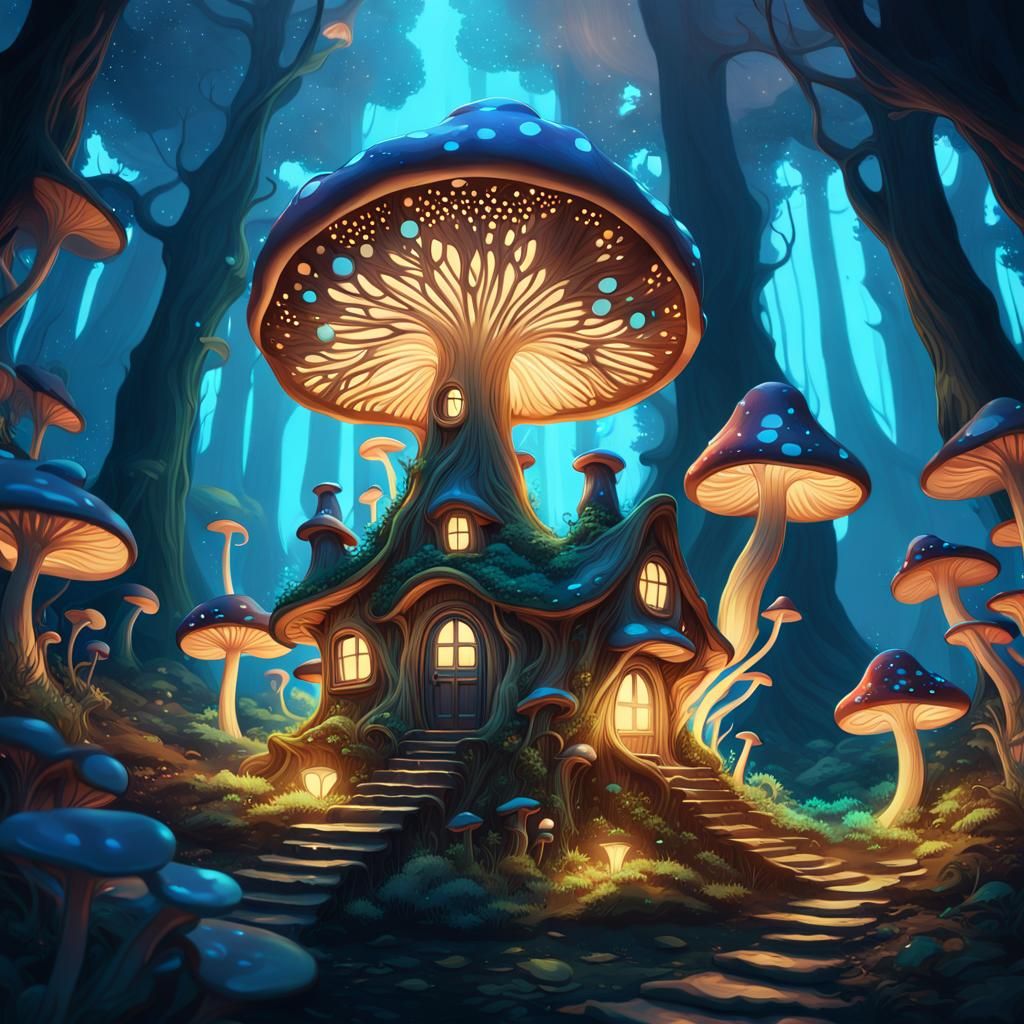 Enchanted Mushroom House in Bioluminescent Forest