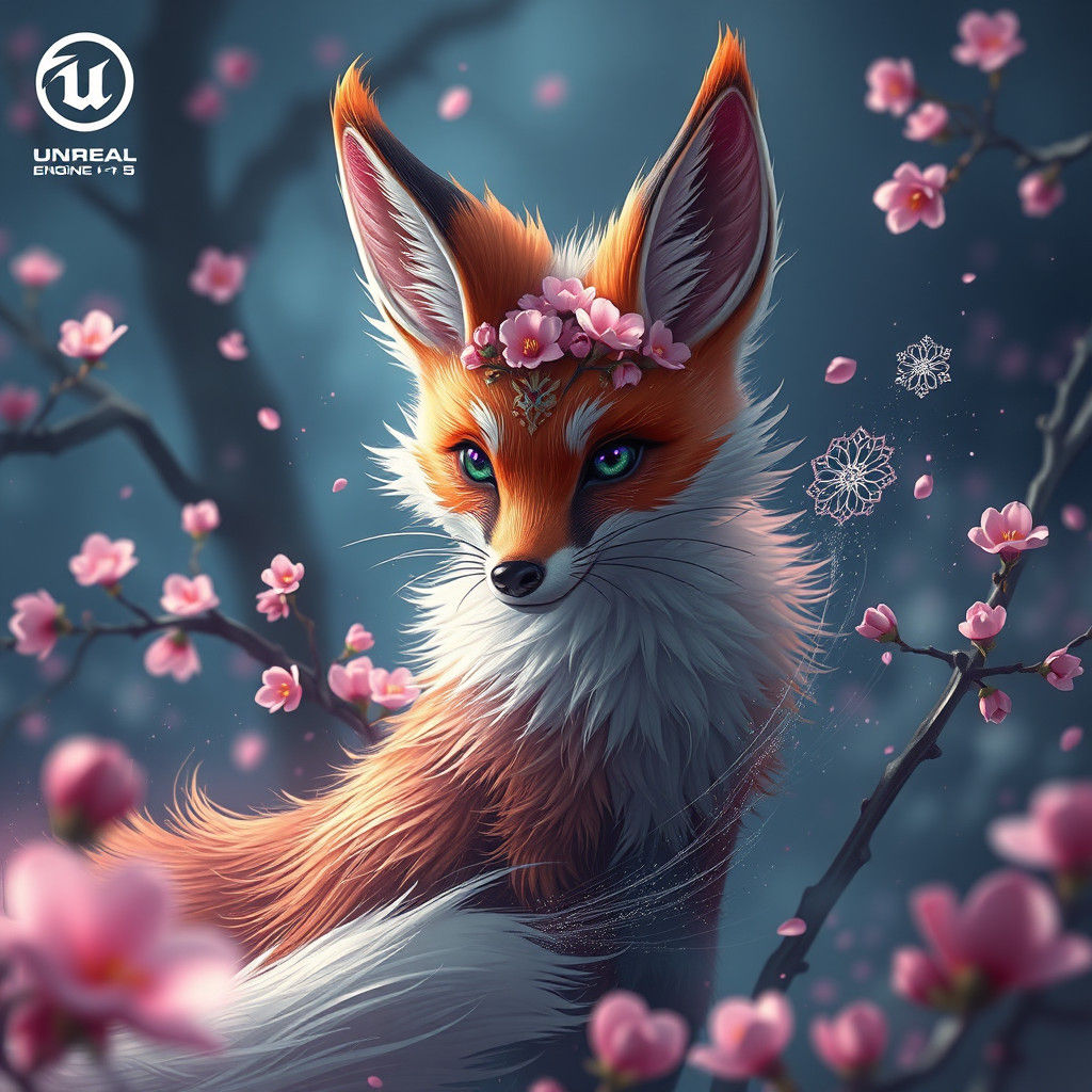 Fantastical Blossom Fox: Detailed Matte Painting