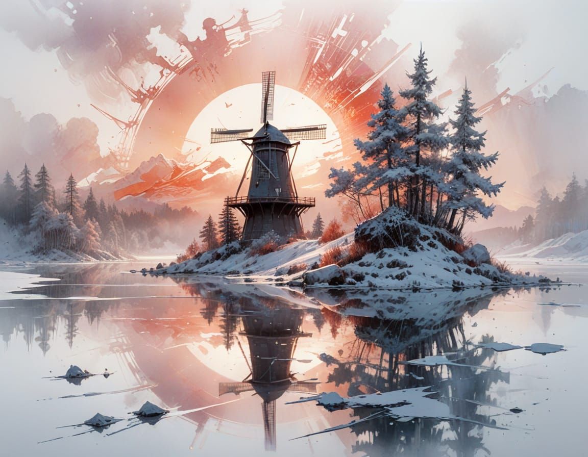 Old Windmill at Dawn on Frozen Lake