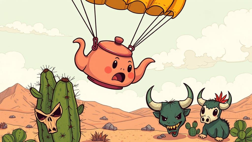 Kawaii Teapot Parachute Descent in Desert-Punk Style