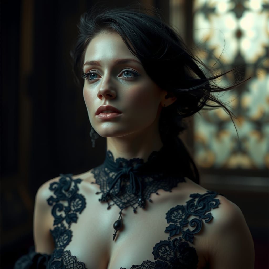 Ethereal Victorian Goth Woman in Dramatic Lighting