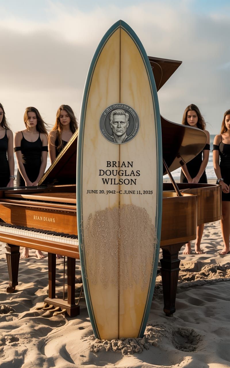 Surfboard Tombstone Memorial on Sandy Beach