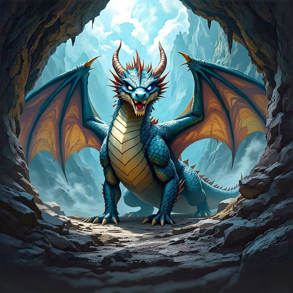 Grim-Dark Blue Dragon Emerging from Mountain Cavern