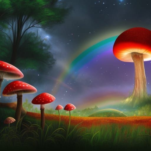 Epic Fantasy Mushroom Under Rainbow Starry Sky