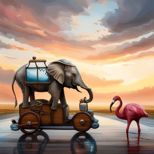 Baby elephant driving a toy car stopped for a family of toy flamingos crossing the street in a rain storm