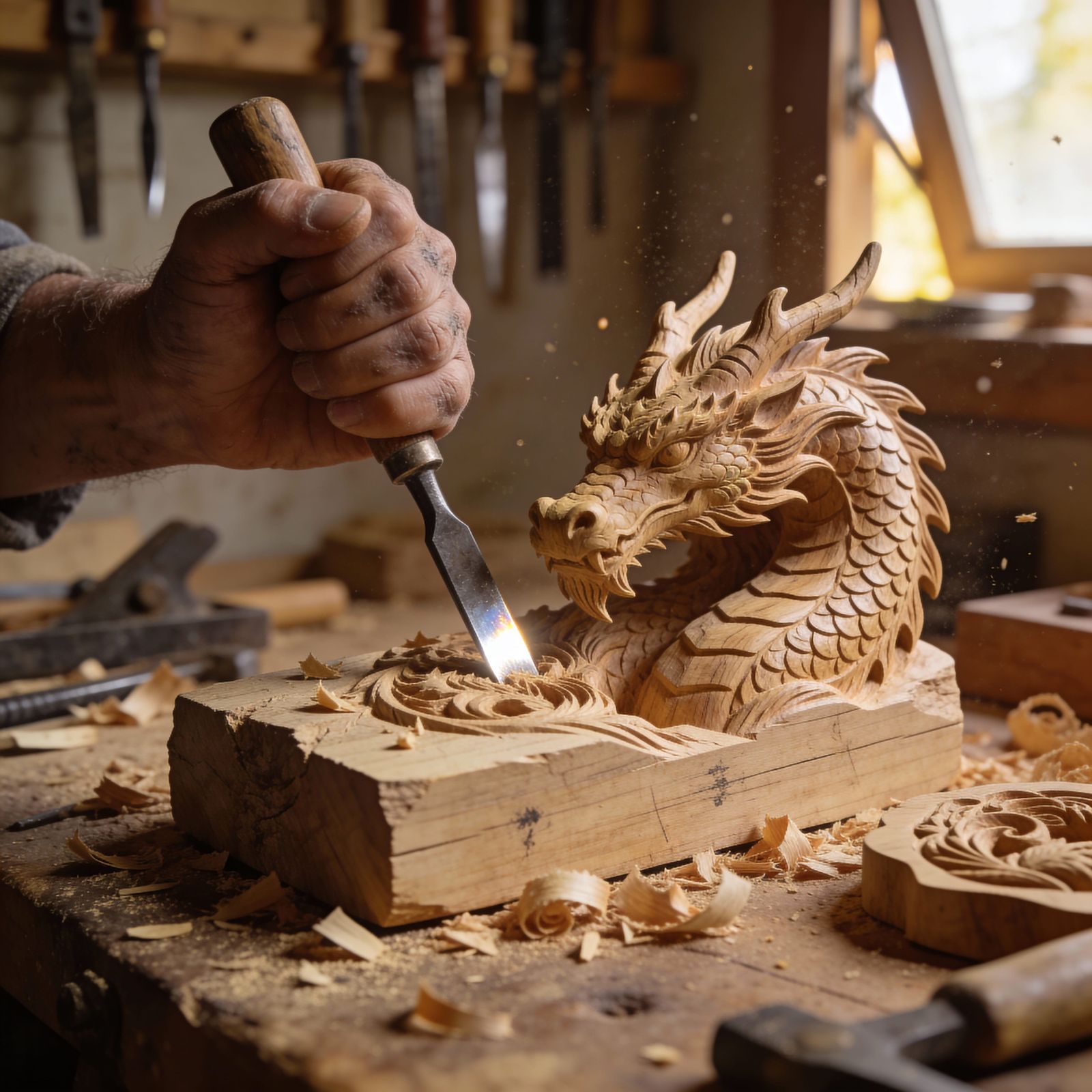Hyperdetailed Wooden Dragon Carving in Artist Workshop