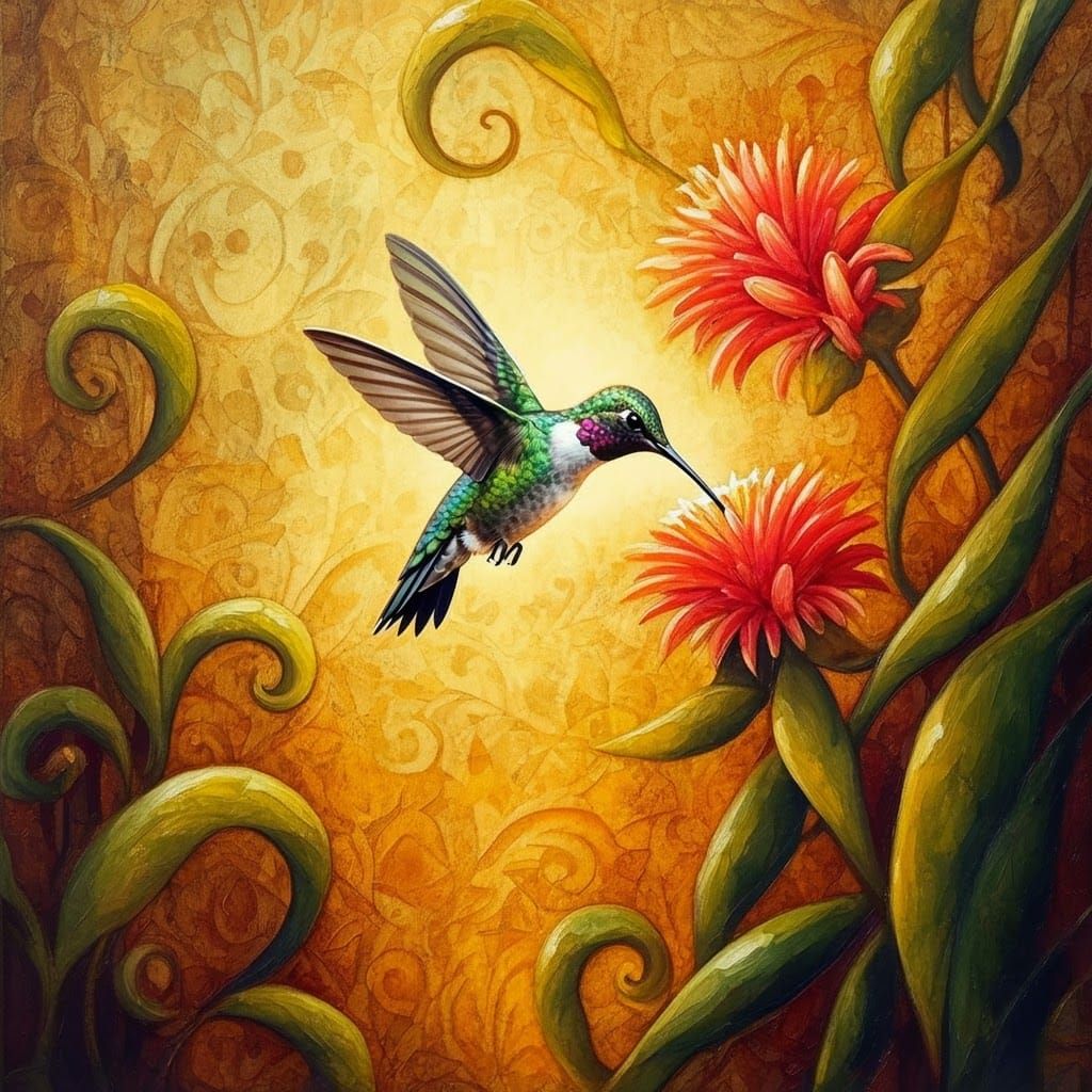 Hummingbird Nectar Watercolor in Naive Art Style