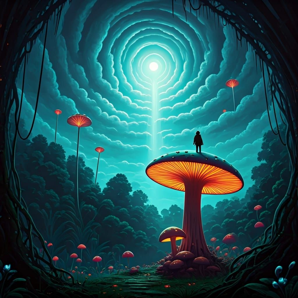 Alien Jungle Wanderer with Bioluminescent Sky