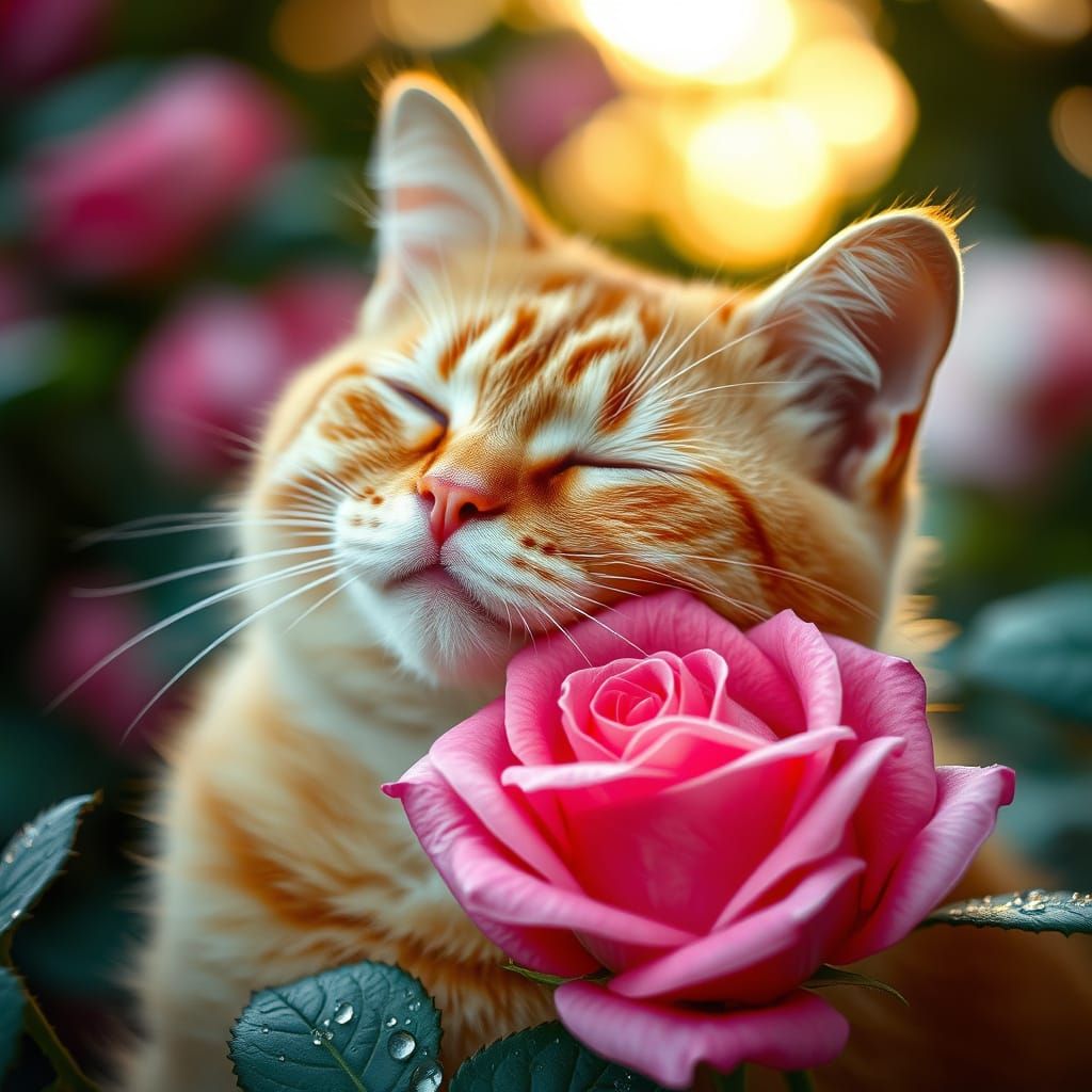 Serene Ginger Cat Nuzzles Pink Rose in Golden Hour Glow