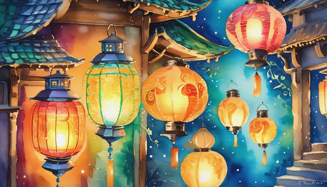 Whimsical Watercolor Lantern Shop with Glowing Lights